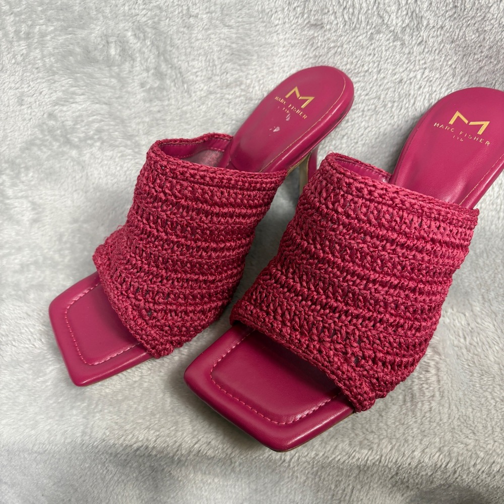 Marc Fisher Dako Heeled Sandals 9M Fuchsia Pink Crochet Square Toe‎ Heeled Mules - Picture 3 of 8